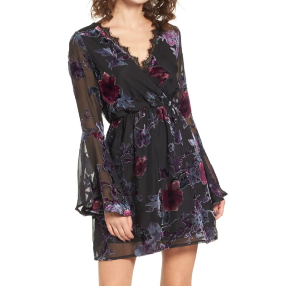 Dee Elly Burnout Velvet Bell Sleeve Dress